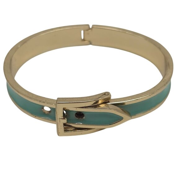 Mint Green Enamel Gold Tone Belt Buckle Bracelet Bangle - Picture 1 of 6